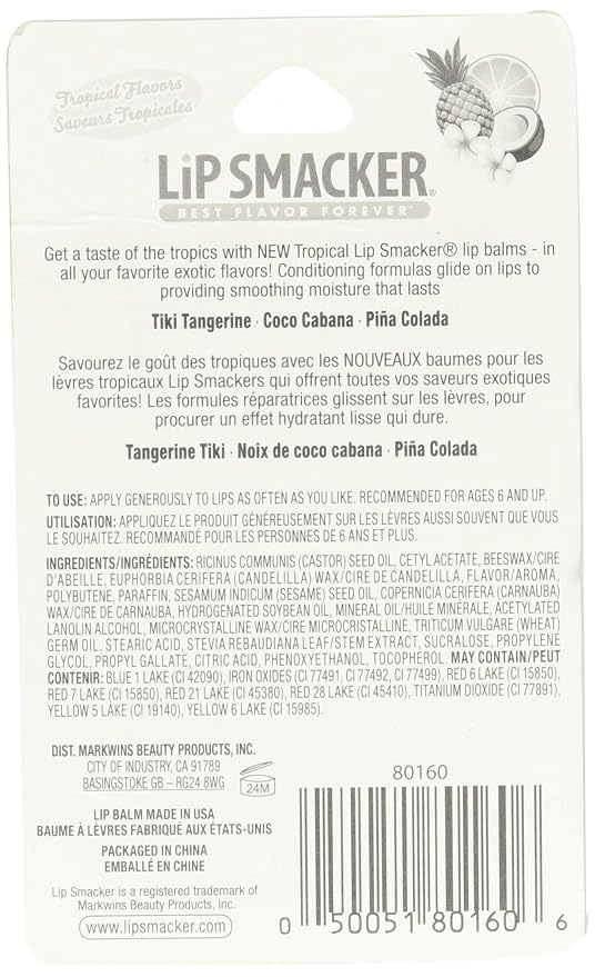 Lip Smackers Flavored Lip Balm Tropical Fever - Moisturizing, Soothing Trio Tiki Tangerine, Coco Cabana, & Pina Colada