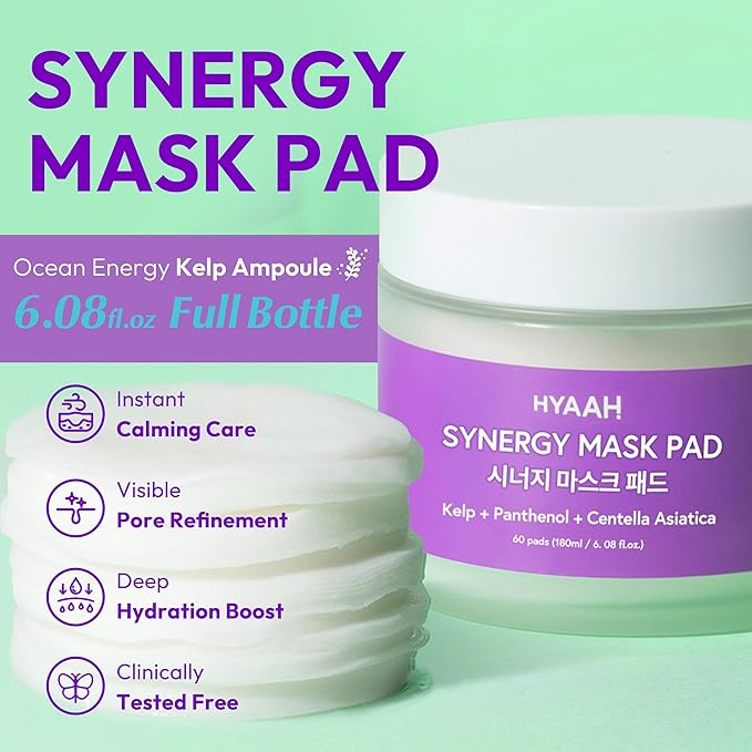 Synergy Mask Pad - Korean Face Toner Pads with Kelp Seaweed Extract, Cica, Panthenol and Ectoin - Calming, Hydrating, Pore Refining - Soft Cotton Pad for Sensitive Skin, 60 Pads