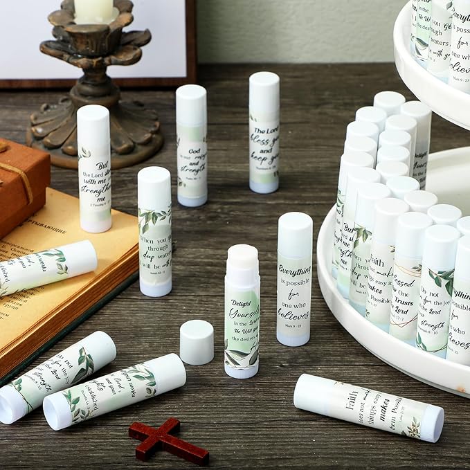 50 Pcs Bible Verse Lip Balm Bulk Christian Gift for Women Faith Religious Moisturizing Lip Care Product Stocking Stuffers with Inspirational Scripture Happy Moment Praise God for Friend