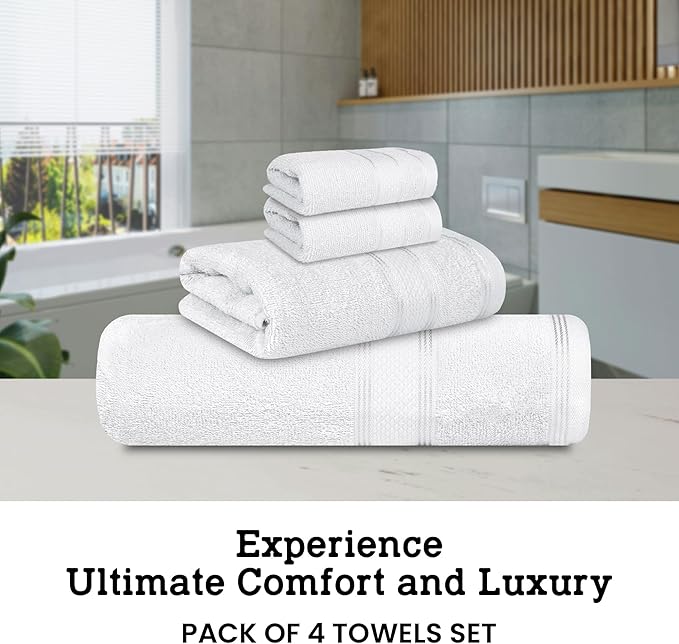 Casa Lino 100% Cotton Bath Towels Set of 4 (1 Bath Towel, 1 Hand Towel & 2 Wash Cloths) - Bathroom Towels and Washcloths Set - Complete Bathroom Set - Guest Room Essentials - (White)