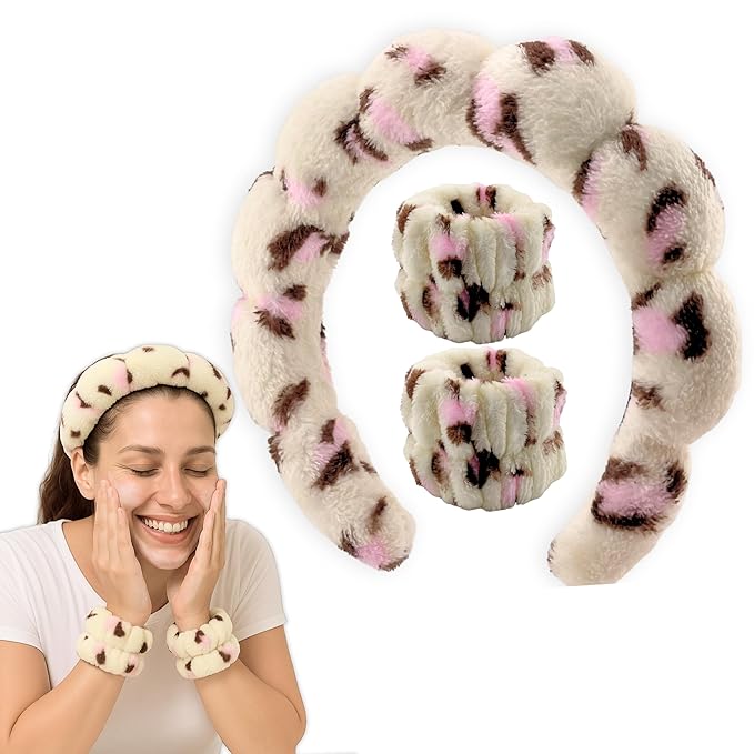 Spa Headband Wrist Band for washing face set Sponge Makeup Skincare Headband Wrist Towels Bubble Soft Terry Towel Cloth Hairband for Women Puffy Headwear Non Slip Thick Thin Hair Headwear (Leopard)