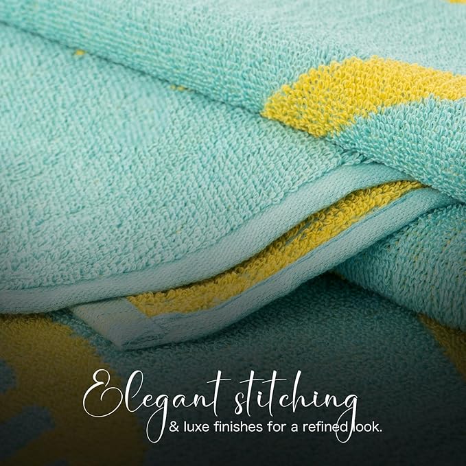 CASA COPENHAGEN Miami Bath Sheets Designed in Denmark Rough and Tough, Quick Dry, for Pool, Bath & Shower 35"x70", 2 Pieces Cotton Beach Towels Set - Fish Teal + Yellow Stripe