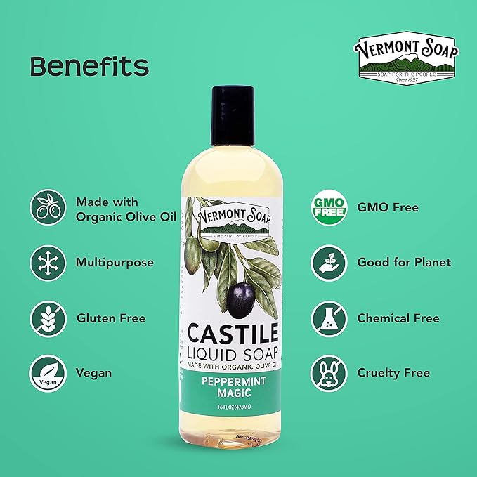 Vermont Castile Soap Peppermint, Gentle Liquid Soap for Sensitive Skin & Natural Body Wash, Organic Hair Shampoo for Oily Hair, Aloe Castile Soap for Men & Women - 16 Oz