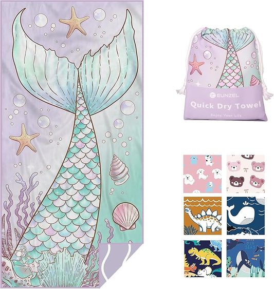 Eunzel Microfiber Kids Beach Towel, Quick Dry Towels for Girls & Boys Sand Free Travel Towel for Beach, Camping, Swim Pool 60"x30"，Mermaid Tail