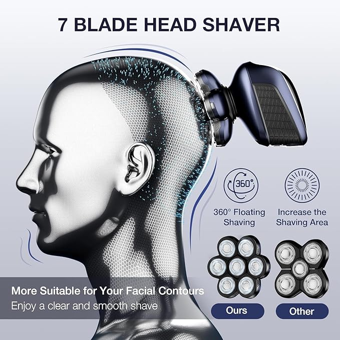 Head Shaver 7D, Wyklaus Upgrade Head Shavers for Bald Men, Head Electric Razor with Nose Hair Trimmer, Waterproof Wet/Dry Mens Grooming Kit, Anti-Pinch, LED Display, USB Rechargeable111
