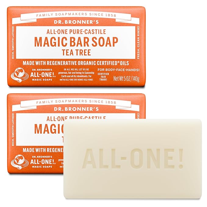 Dr. Bronner's Pure-Castile Magic Bar Soaps - Made with Regenerative Organic Certified Oils - For Face, Body, Hair- Vegan Soap Bars for Men & Women - Tea Tree, 2 pack, 5 oz