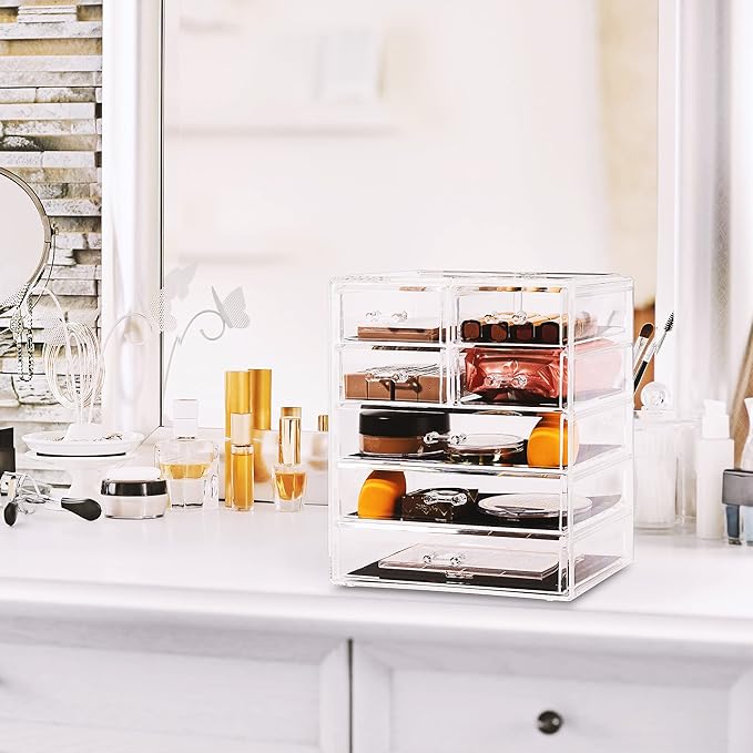 Sorbus Acrylic Makeup Organizer - Organization and Storage Case for Cosmetics Make Up & Jewelry - Big Clear Makeup Organizer for Vanity, Bathroom, College Dorm, Closet, Desk (3 Large, 4 Small Drawers)