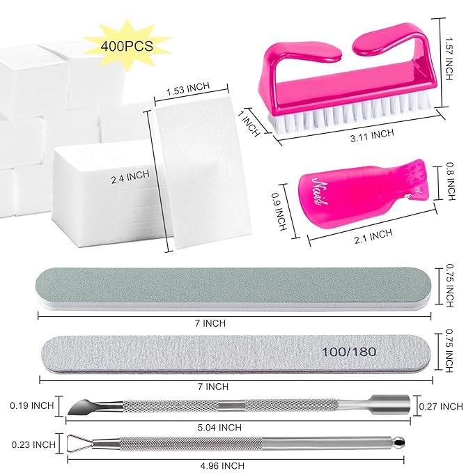 Gel Nail Polish Remover Tools Kit, with 10 Pcs Nail Clips, 400 Pcs Lint Free Nail Wipes, Nail Files 100/180, Buffer Block 400/4000, Nail Brush, Cuticle Pusher, Cuticle Peeler (Rose Red)