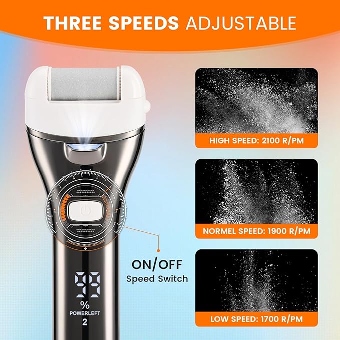 Electric Foot Callus Remover, Rechargeable Portable Electronic Foot File Pedicure Kits, 3 Roller Heads, 3 Speed, Battery Display for Remove Cracked Heels Calluses and Dead Skin