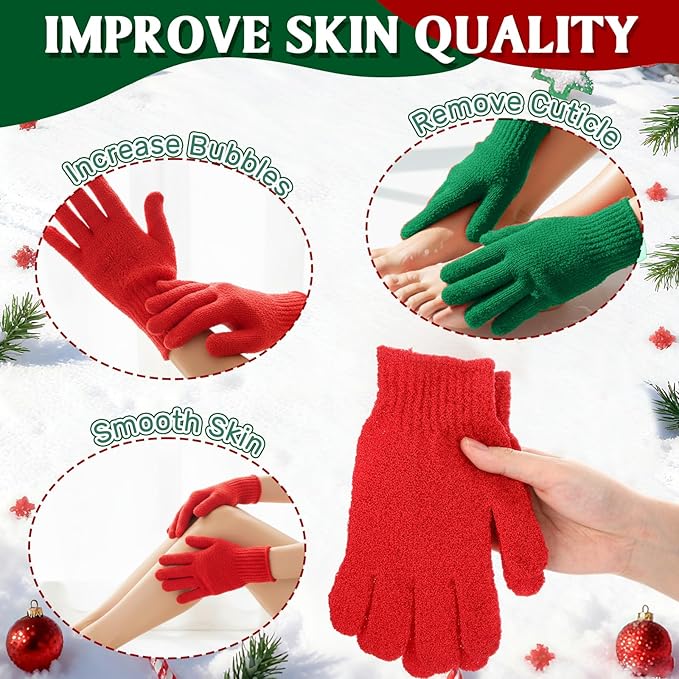 48 Pcs Red and Green Exfoliating Gloves Shower Gloves Bulk Double Sided Body Scrub Exfoliate Glove for Women & Men Bath Shower Beauty Spa Massage Scrubber Christmas Stocking Stuffing Gifts