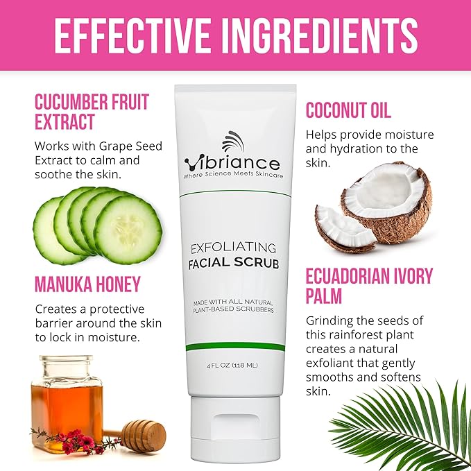 Vibriance Ultra-Gentle Face Scrub, 4 fl oz - Exfoliating Facial Wash Unclogs Pores - Sulfate and Paraben-Free Exfoliator For All Skin Types - Made with Natural Ingredients