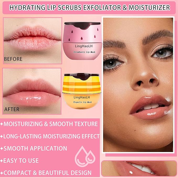 2PCS Bee Lip Balm,Hydrating Honey Pot Lip Balm with Stick,Non-Greasy Silky Sleeping Lip Mask Set,Long Lasting Lip Scrubs Moisturizer for Dry Cracked Lips（Honey ＋Strawberry）