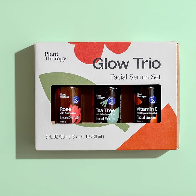 Plant Therapy Facial Serum Trio Set 1 oz each, Vitamin C & Hyaluronic Acid, Rose with Bakuchiol & Tea Tree with Niacinamide, Reduces the Appearance of Fine Lines & Wrinkles