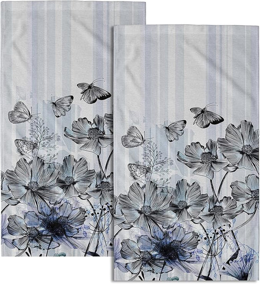 Giwawa Modern Floral Hand Towels Butterfly Flower Bathroom Towel Set of 2 Soft Absorbent Small Bath Towels Decorative Kitchen Guest Dish Towel