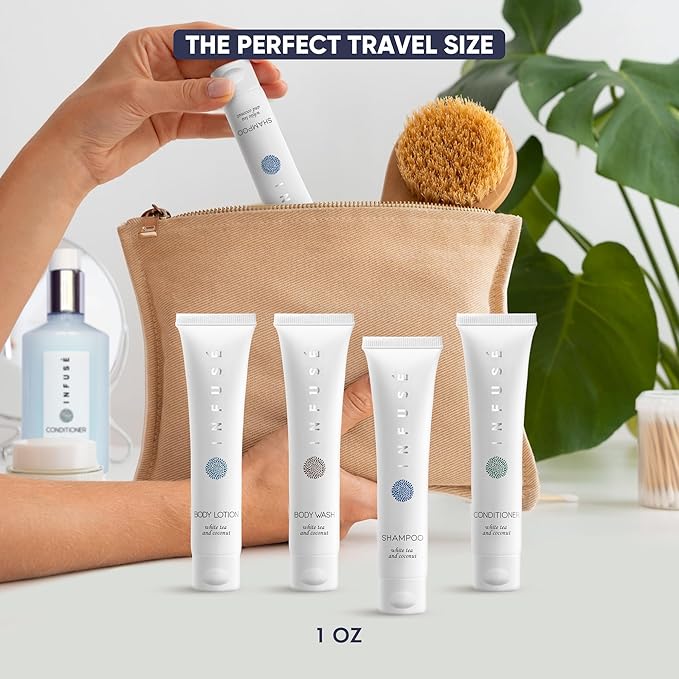 Infuse White Tea & Coconut Hotel Toiletries Bulk Set | 1-Shoppe Amenities Kit | 1oz Shampoo & Conditioner, Body Wash, Lotion | Travel Size | 80 Pieces