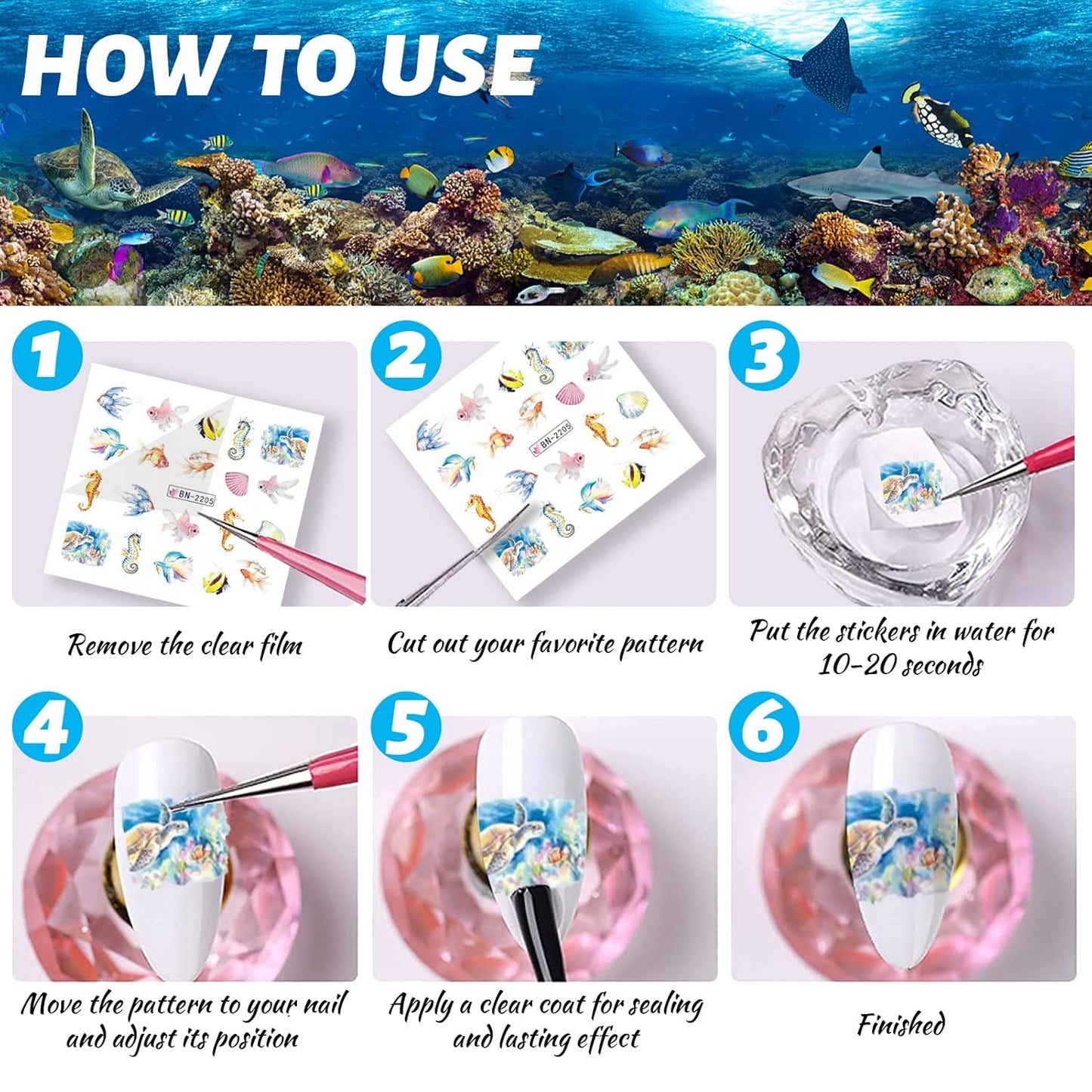 36 Sheets Summer Nail Art Stickers, Ocean Anchor Water Transfer Nail Decals, Shark Seashell Sea Turtle Design DIY Manicure Decorations for Girls Women