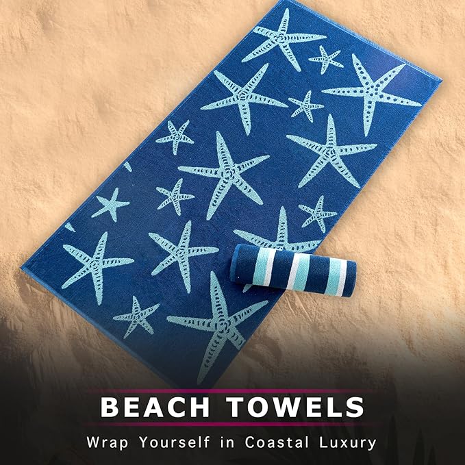 CASA COPENHAGEN Miami Bath Towels Designed in Denmark Rough and Tough, Quick Dry, for Pool, Bath & Shower 30"x60", 2 Pieces Cotton Beach Towels Set - Star Fish Navy + Turquoise Stripe