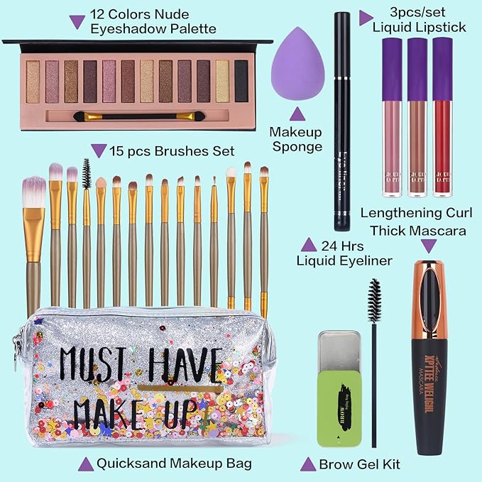All in One Makeup Set For Women Full Kit - 12 Colors Nude Eyeshadow Palette, Waterproof Black Mascara Eyeliner Pen, 3pcs Matte Liquid Lipstick Set, Eyebrow Soap Gel Kit, 12 pcs Brushes Set Makeup Sponge with Makeup Bag Gift Set