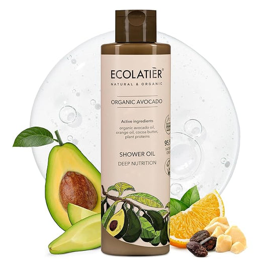 ECOLATIÈR Shower Oil – Organic Argan, Coconut, or Avocado Oil Options – Moisturizing & Nourishing Body Wash for Women, 95.5% Natural, Vegan, for Sensitive Skin - 8.5 Fl Oz (Avocado oil)