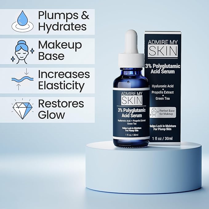 Admire My Skin Organic Polyglutamic Acid Facial Serum - Powerful Hydration & Anti Aging + Hyaluronic Acid + Propolis 1oz