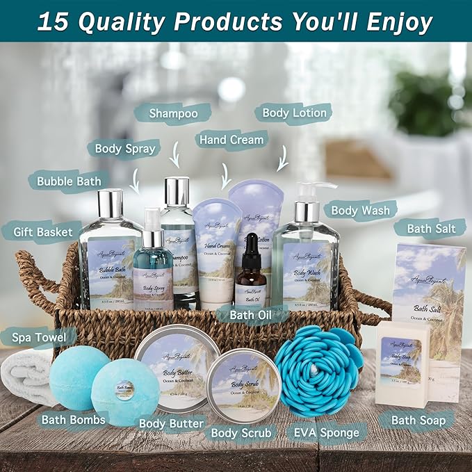 Bath Spa Gift Sets - Luxury Basket With Ocean & Coconut - Spa Kit Includes Wash, Bubble Bath, Lotion, Bath Salts, Body Scrub, Shower Puff, Bathbombs, Soap and Towel