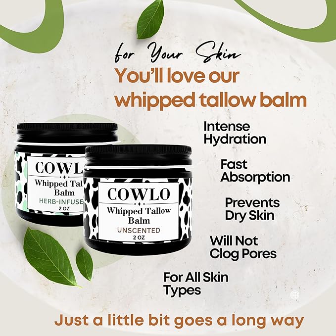 Whipped Tallow Balm & Body Butter (Unscented/Herb-Infused) Grass Fed Tallow Moisturizer for Face, Body & Baby – Organic Olive Oil Infused with Calendula & Frankincense – Handmade Skincare, 2 oz