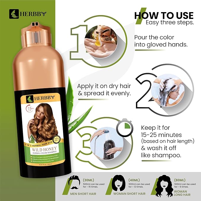 Hair Color Shampoo for Gray Hair Coverage&Color Transform with 9 Herbal Extracts –Long Lasting(6-8 Weeks),Shiny,Evenly Colored,Instant Hair Dye Shampoo&Conditioner, 500 Ml (WILD HONEY COLOR)