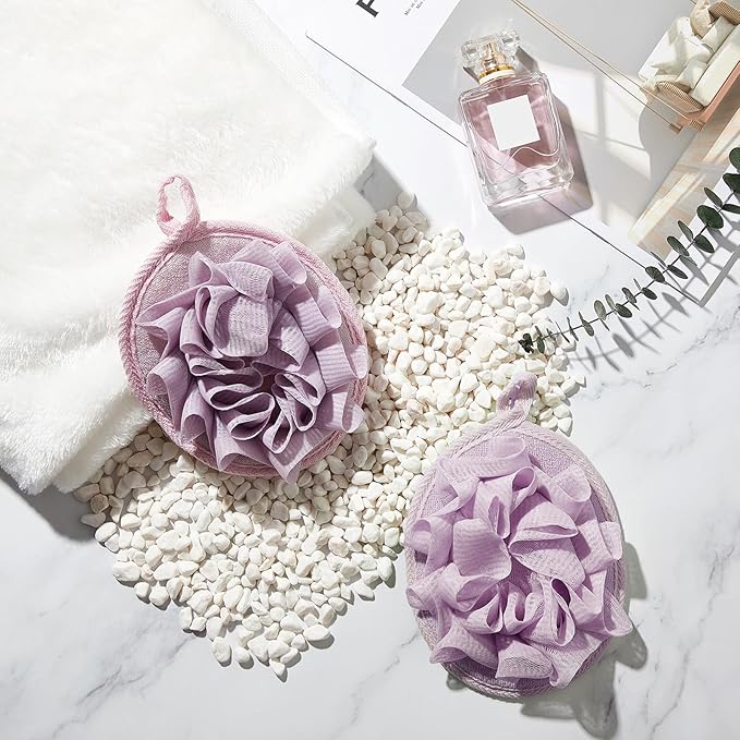 Boao Bath Shower Pouf Sponge Mesh Pouf Shower Ball Exfoliating Body Sponge Pad Scrubber Glove with Flower Bath Ball(3 Pcs,Purple)
