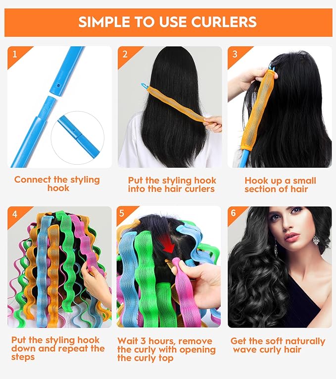 42 Pieces Heatless Waves Hair Curler, No Heat Damage Wavy Hair Curlers with 2 Sets of Styling Hooks, Heatless Curls for Women Girls Long Medium Short Hair (4 Colors,45cm/ 17.7")