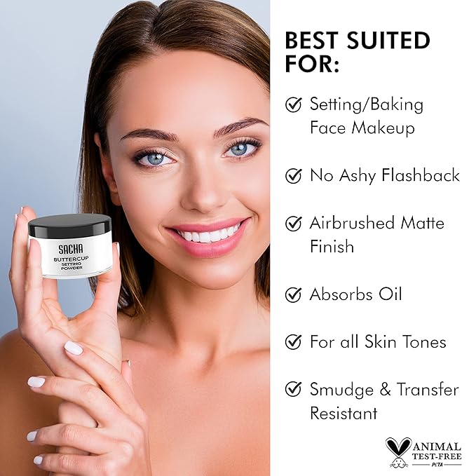 Sacha BUTTERCUP No Color Setting Powder Makeup 1.75 Oz. Translucent Setting Powder for Oily Skin Finishing Powder Loose Powder Makeup Blurring Powder Blurs Fine Lines and Pores For All Skin Tones