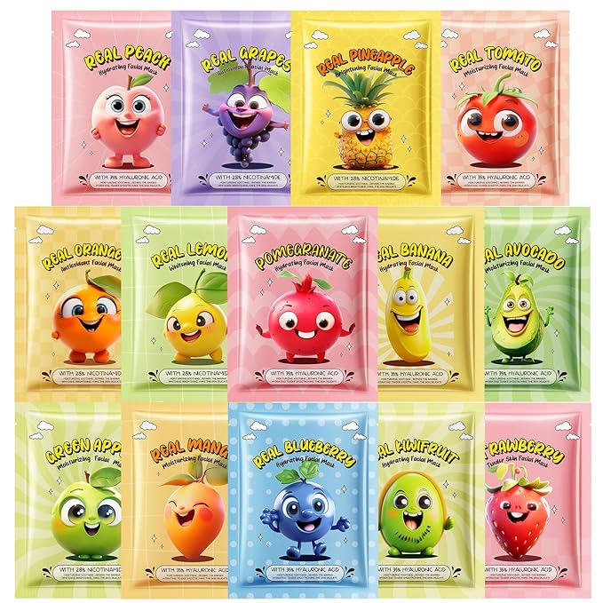Erinde 14 Pack Fruit Face Masks Skincare for Kids, Sheet Hydrating Facial Mask for All Skin Types, Bulk Face Mask for Women Skin Care, Spa Birthday Party Gifts for Teens Girls