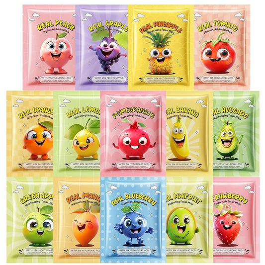 Erinde 14 Pack Fruit Face Masks Skincare for Kids, Sheet Hydrating Facial Mask for All Skin Types, Bulk Face Mask for Women Skin Care, Spa Birthday Party Gifts for Teens Girls