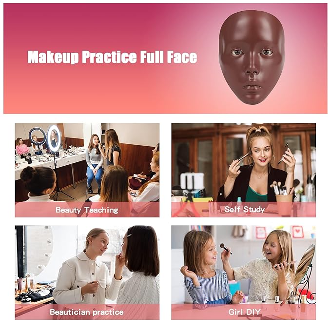 Makeup Practice Mannequin Face, 5d Reusable Silicone Makeup Practice Board Full Face with Makeup Brushes Sponge Set and Eyeshadow Board Makeup Kit for Emerging Makeup Artist, Girl's Gift