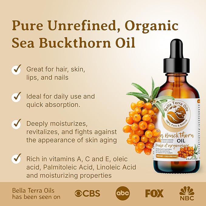 Bella Terra Oils - Seabuckthorn Berry Oil 4oz - Experience Nature's Luxurious Touch, Brimming with Vitamin E & Carotenoids, Transcend Ordinary Skincare