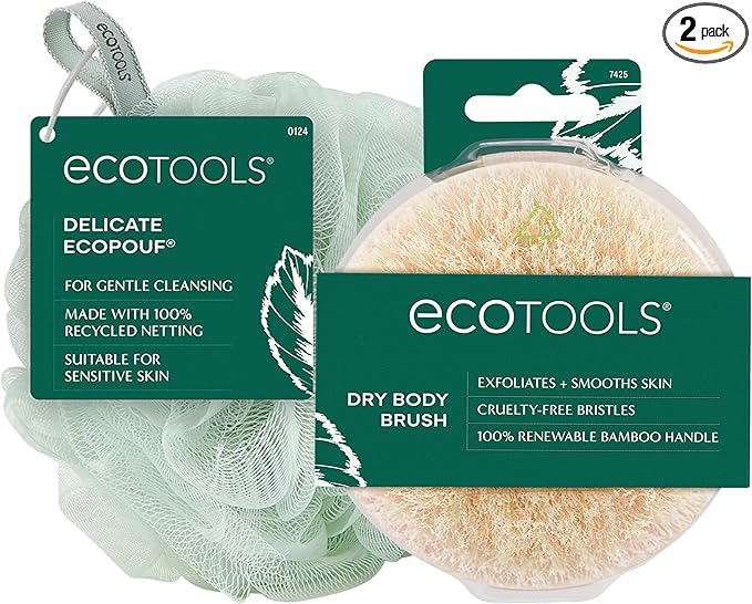 EcoTools Dry Body Brush for Circulation, Dead Skin Removal + Green Delicate EcoPouf Made with Recycled Netting for Cleansing & Exfoliating Sensitive Skin, Self-Care Gifts