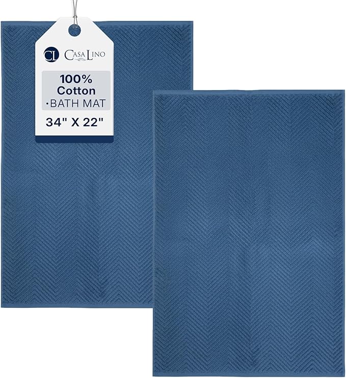 Casa Lino 100% Cotton Bath Mat Set of 2 (NOT A Rug) - 34" x 22" Bathroom Floor Towels - Machine Washable, Soft, Highly Absorbent & Quick Dry Bath Floor Towel (Navy)