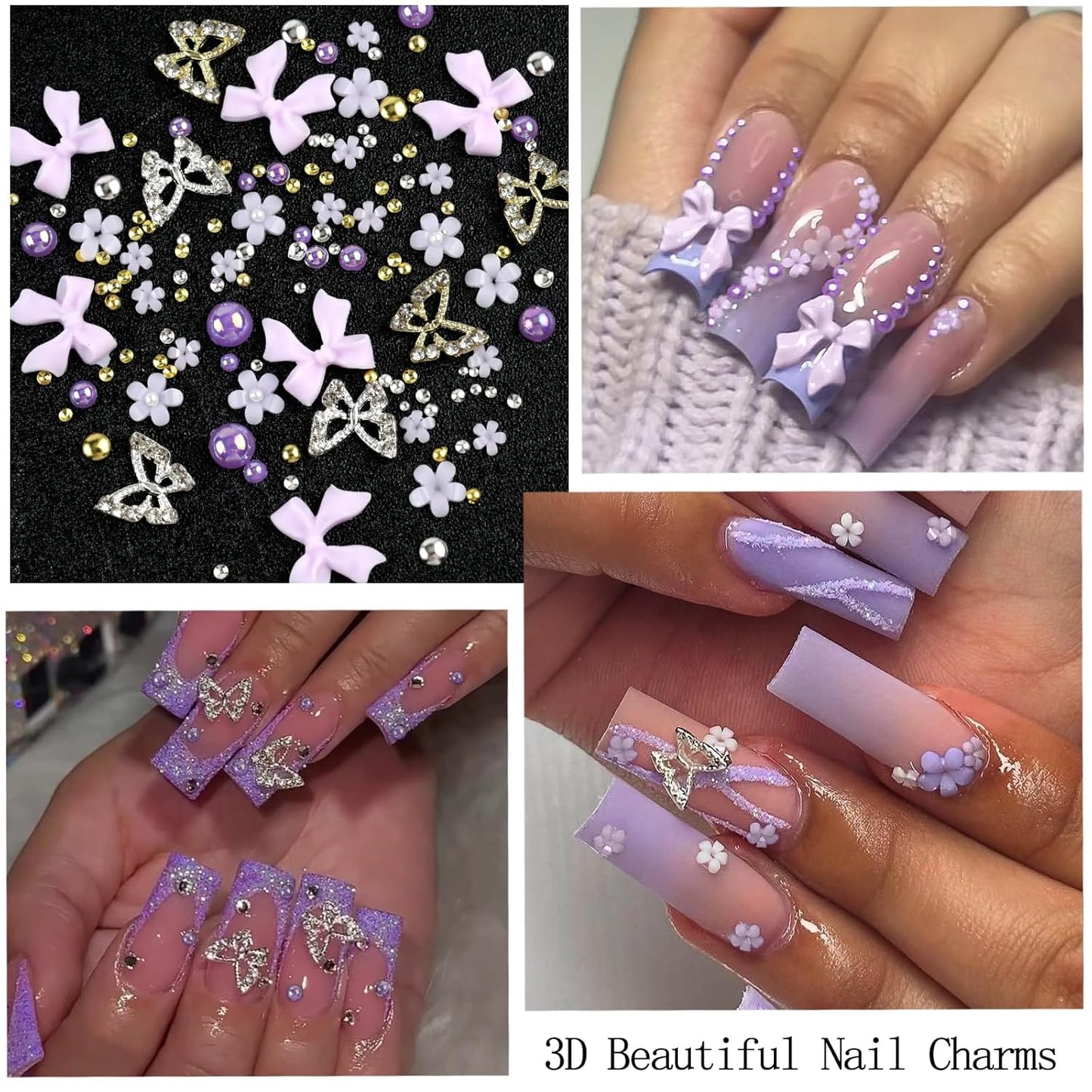 Nail Art Charms with Rhinestones Glue Gel Purple Flatback Pearls Flower Butterfly Nail Gems Supplies Accessories Gold Silver Nails Pearls for Women Nails Design Decoration