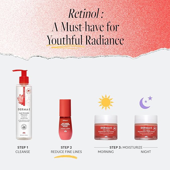 DERMA E Face Serum, Anti Aging Regenerative Retinol Serum for Face, 1 Fl Oz, Vitamin A, Bakuchiol, Glycolic Acid, Green Tea Extract, Helps Reduce Appearance of Fine Lines and Wrinkles