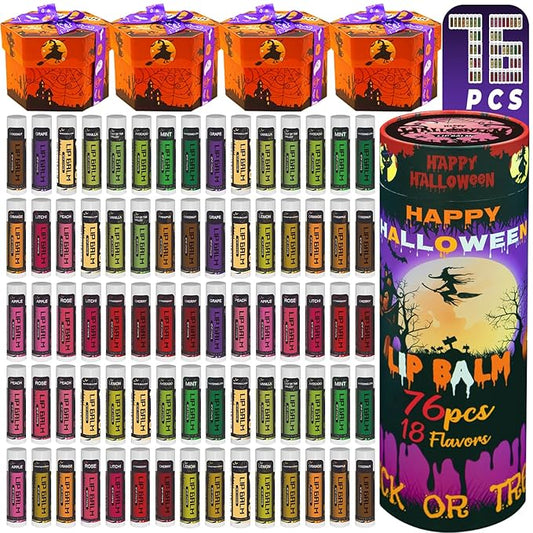Yopela 76 Pack Halloween Lip Balm Party Favors, Lip Care Set with Vitamin E & Coconut Oil to Moisturize Repair Dry Chap Lips, 18 Flavors,Perfect for Trick-or-Treat Gifts or Goodie Bag Stuffers