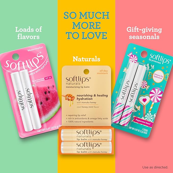 Softlips Spring Tropical Lip Balms 3-Pack - Hydrating Lip Care Set with Watermelon, Tropical Coconut, and Peach Passion Flavors