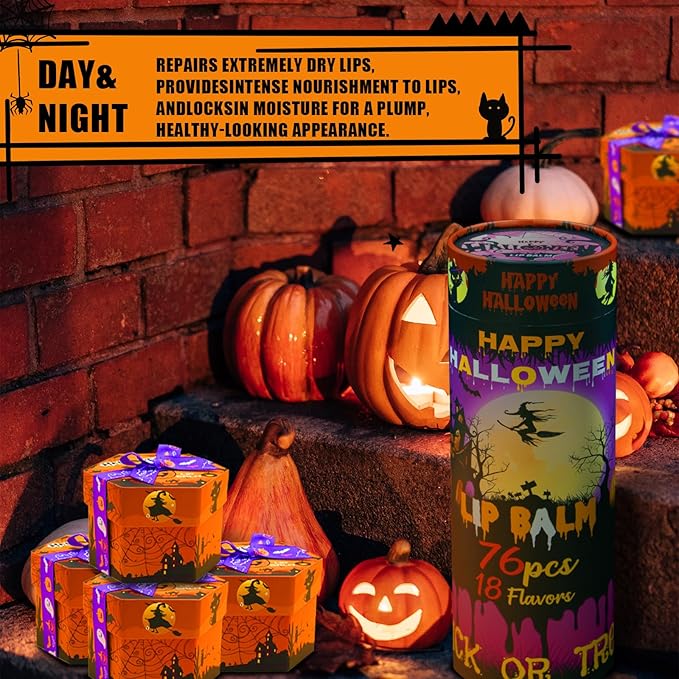 Yopela 76 Pack Halloween Lip Balm Party Favors, Lip Care Set with Vitamin E & Coconut Oil to Moisturize Repair Dry Chap Lips, 18 Flavors,Perfect for Trick-or-Treat Gifts or Goodie Bag Stuffers
