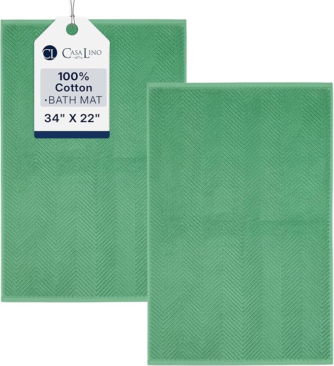 Casa Lino 100% Cotton Bath Mat Set of 2 (NOT A Rug) - 34" x 22" Bathroom Floor Towels - Machine Washable, Soft, Highly Absorbent & Quick Dry Bath Floor Towel (Green)