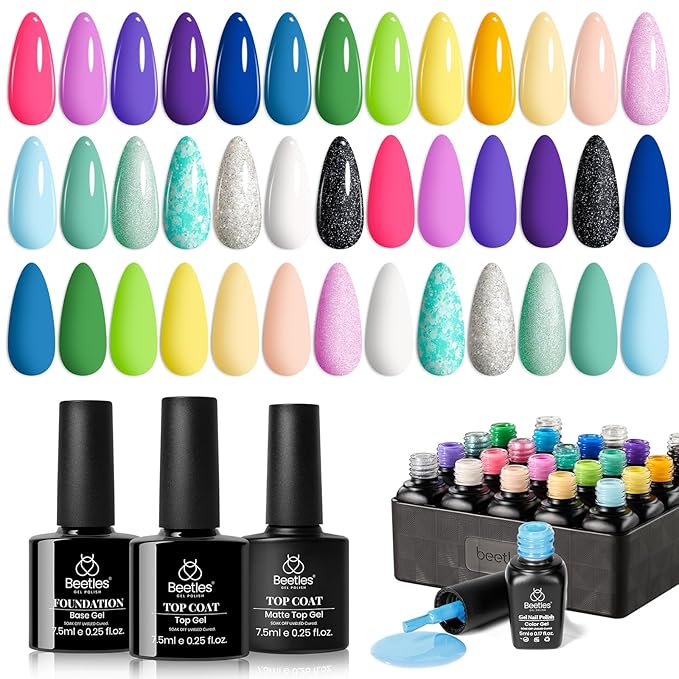Beetles Summer Gel Nail Polish Set, 20 Colors Pastel Neon Pink Yellow Green Blue White Glitter Gel Nail Polish Kit Base Coat Matte Glossy Top Coat Soak off Uv Gift for Women