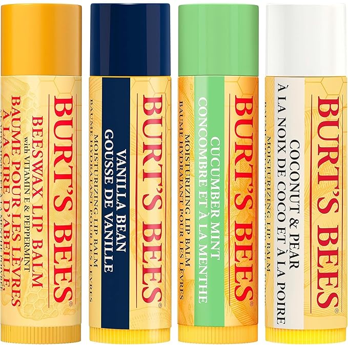 Burt's Bees Holiday Gift, 4 Lip Balms Stocking Stuffer, Assorted Mix Set, Classic Beeswax, Vanilla, Cucumber Mint & Coconut And Pear