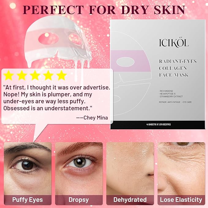 Vital-Eyes Collagen Face Mask - Firming Eye Patch & Hydrating Sheet Masks in One with Ginseng Extract, Retinol & Peptides - Overnight Facial Masks for Women Skin Care - Wrinkle & Dry Skin, 4EA