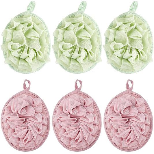 Boao 6 Pcs Bath Shower Pouf Sponge Mesh Pouf Shower Ball Exfoliating Body Sponge Pad Scrubber Glove with Flower Bath Ball (Green,Light Pink)
