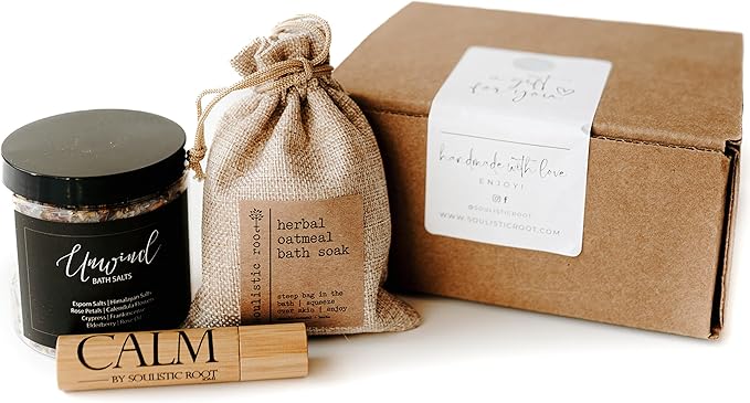 Relaxing Bath Gift Set, Luxury Spa Gifts for Women, Self Care Products for Women and Men, Calm Essential Oil Roller, Oatmeal Lavender Bath Soak & Epsom Salts with Essential Oils