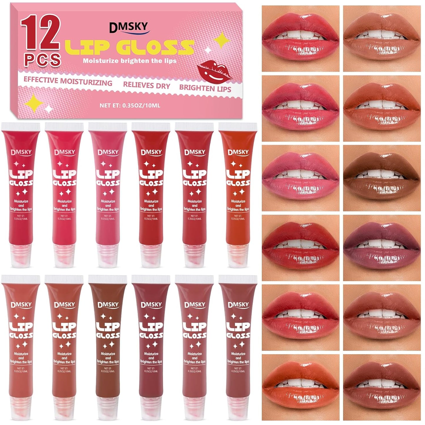 Dmsky 12 Pack Lip Gloss Set, 12 Colors Lip Oil for Dry Cracked Lips, Moisturizing Lip Balm Infused with Vitamin E for a Sheer Tint Of Color