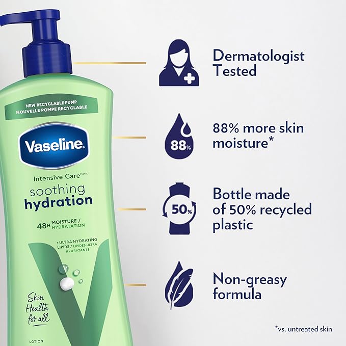 Vaseline Intensive Care Body Lotion for Dry Skin Soothing Hydration Lotion Made with Ultra-Hydrating Lipids + 1% Aloe Vera Extract to Refresh Dehydrated Skin 20.3 oz, Pack of 3 (packaging May Vary)