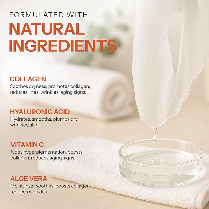 Vitamin C & Collagen Sheet Mask - Anti-Aging, Wrinkle & Age Spot Reducer, Hydrating & Moisturizing - Dermatologist Tested Korean Skincare, Clean Beauty, Cruelty-Free, All Skin Types - 5 Masks